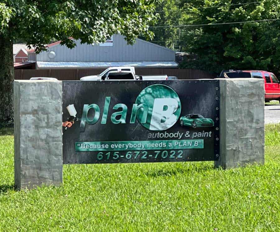 Plan B Autobody signage in front of Goodlettsville collision repair shop